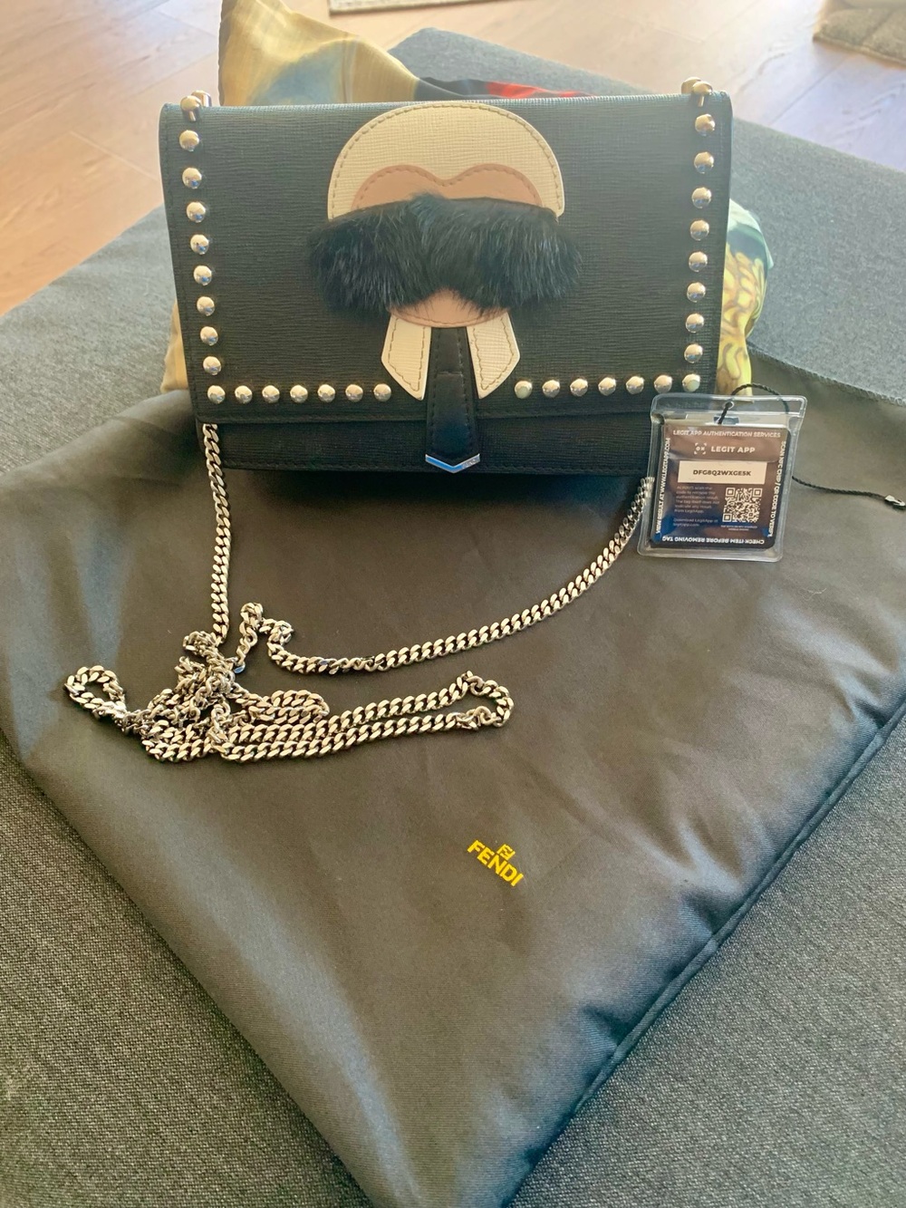 Fendi Black Leather Studded Crossbody Bag with Chain Strap
